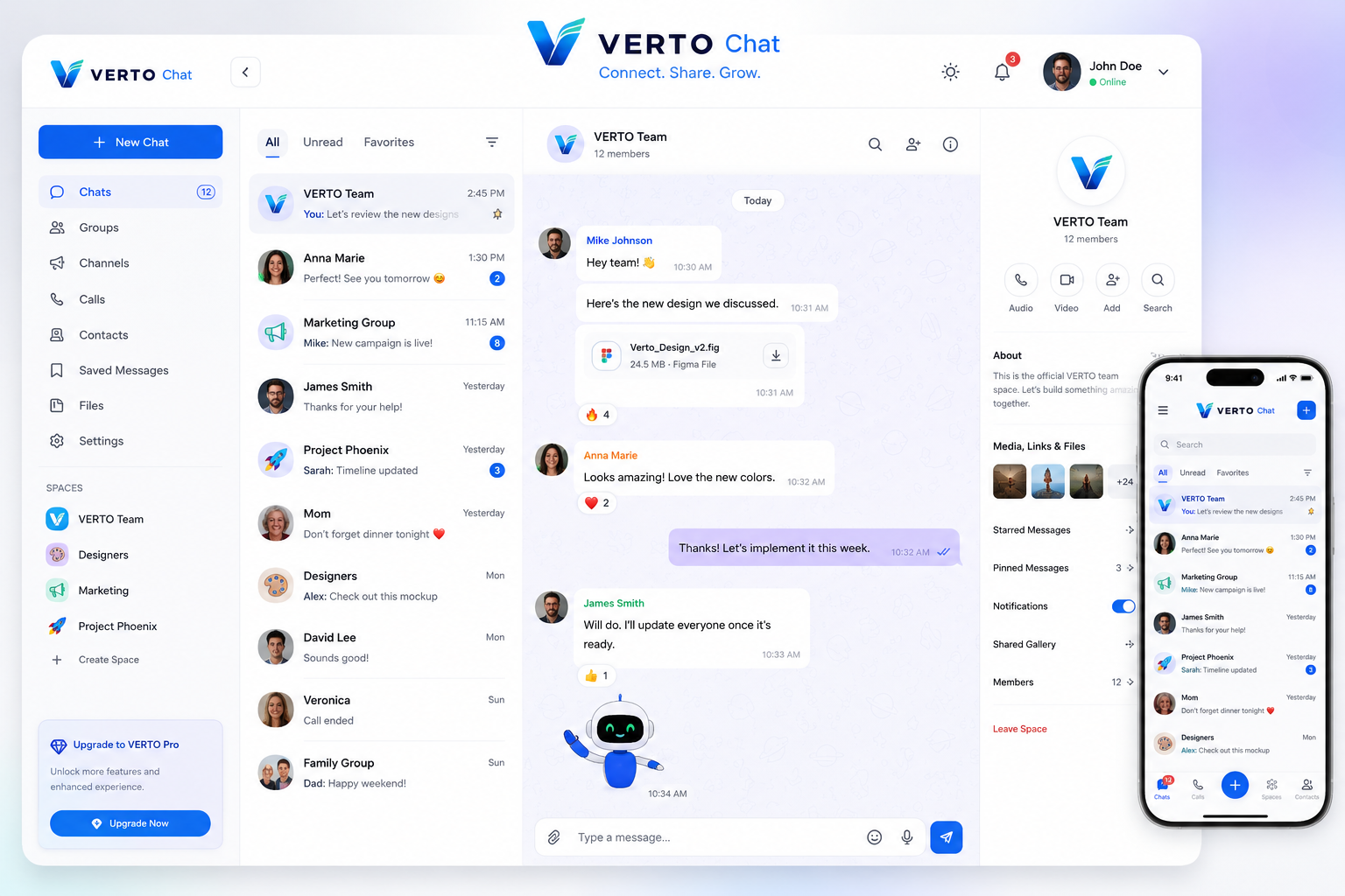 VERTO Chat interface mockup